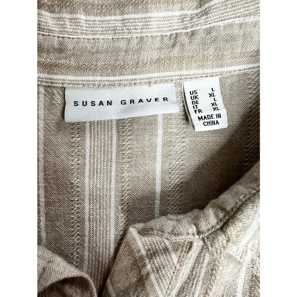 Susan Graver Button Up Blouse Tan White Large Linen Rayon - Picture 8 of 9